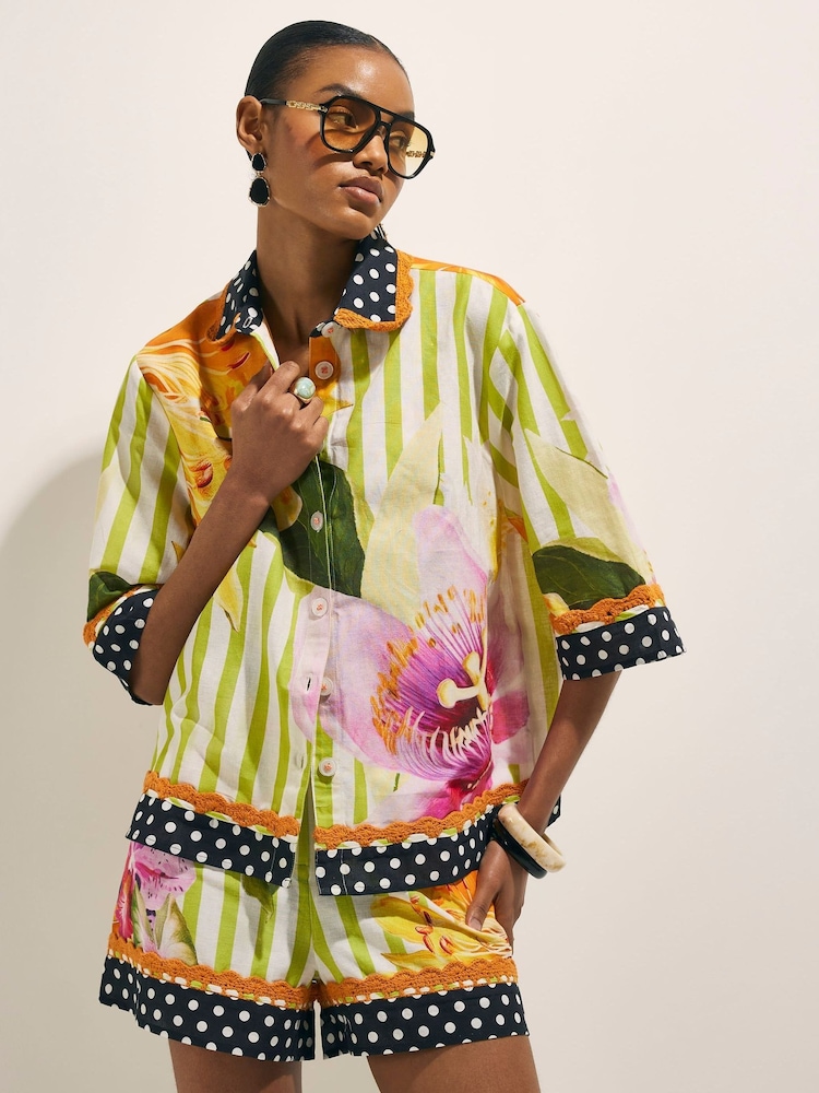 River Island Green Del Maar Short Sleeve Stripe Floral Shirt - Image 1 of 4