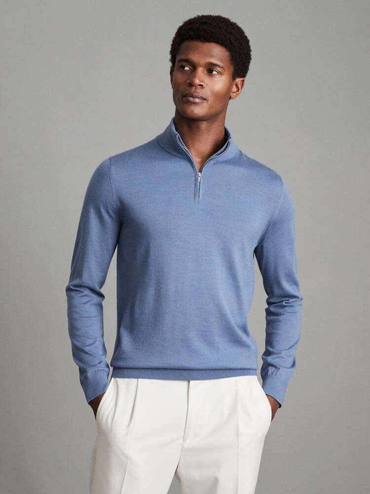 Reiss Cornflower Blue Blackhall Merino Wool Half Zip Funnel Neck Jumper - Image 1 of 6 Reiss Cornflower Blue Blackhall Merino Wool Half Zip Funnel Neck Jumper - Image 1 of 6