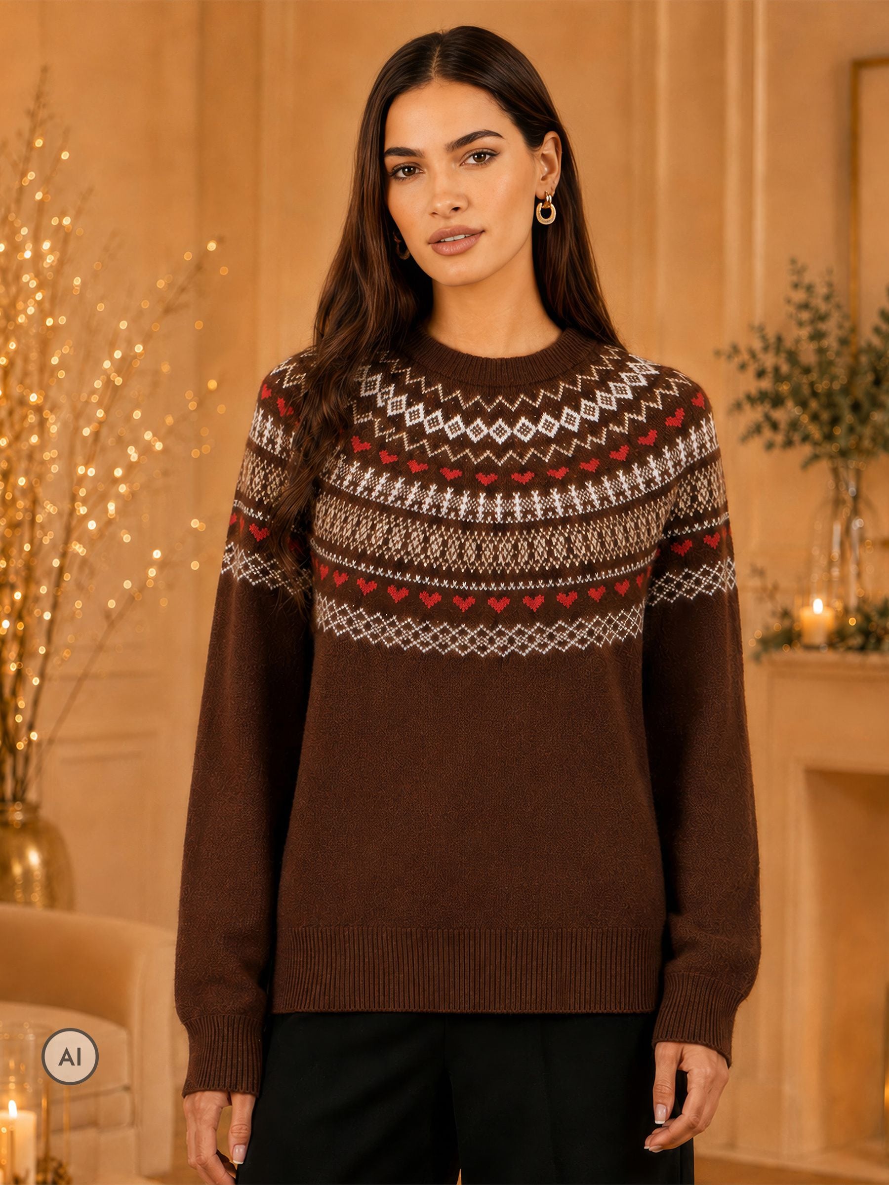 Yumi Women's Chocolate Relaxed Fairisle Jumper In | : Large - Image 5