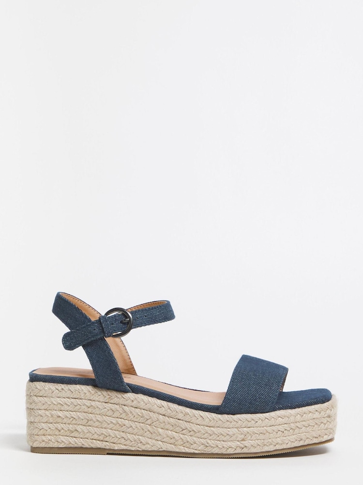 Simply Be Extra Wide Fit Denim Blue Daria Square Toe Espadrille Flatform Sandals - Image 1 of 3