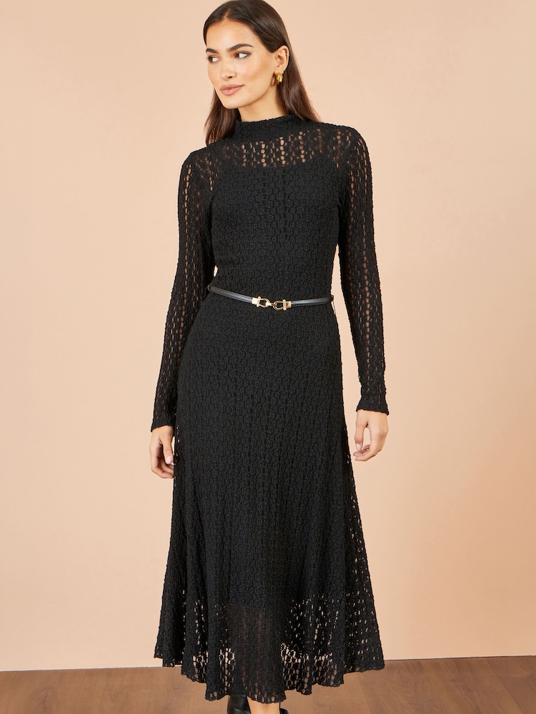 Yumi Black High Neck Lace Midi Dress - Image 1 of 5