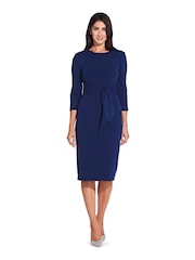 Adrianna Papell Blue Knit Crepe Tie Waist Sheath Dress - Image 3 of 5