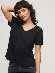 Superdry Black Slub Embroidered Relaxed V-Neck T-Shirt - Image 1 of 15