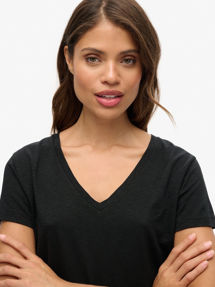 Superdry Black Slub Embroidered Relaxed V-Neck T-Shirt - Image 10 of 15