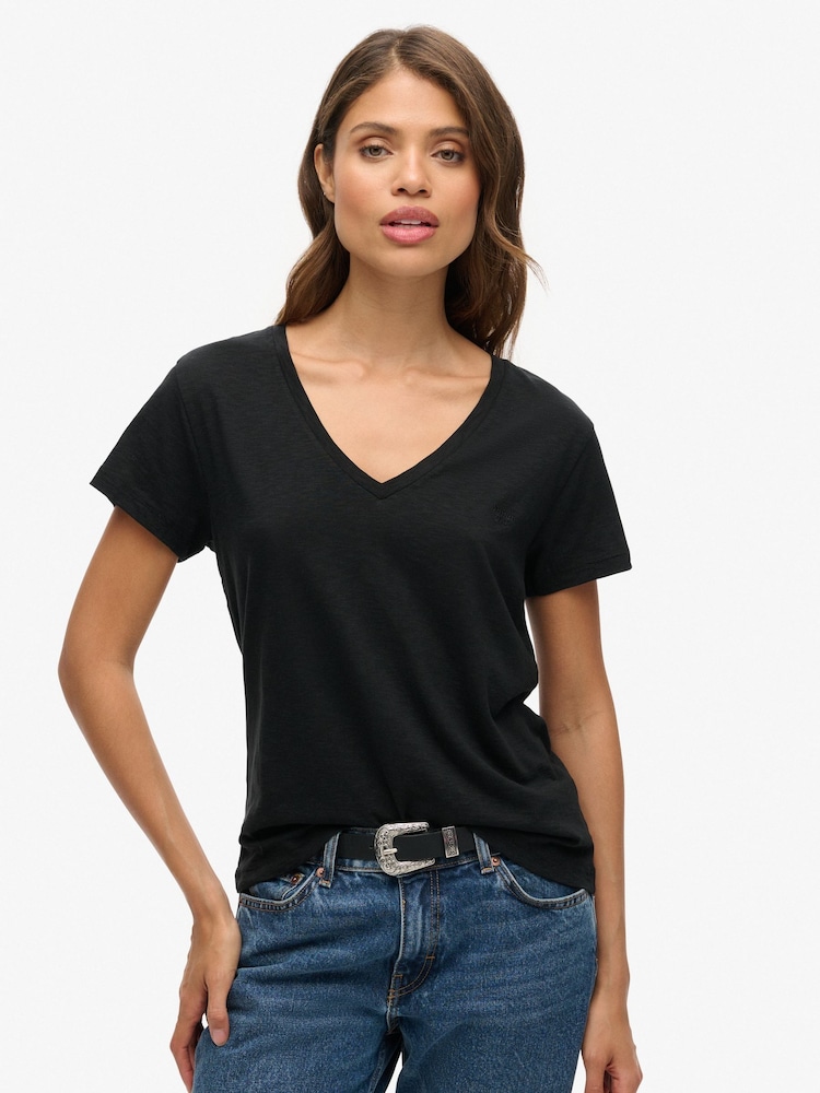 Superdry Black Slub Embroidered Relaxed V-Neck T-Shirt - Image 7 of 15