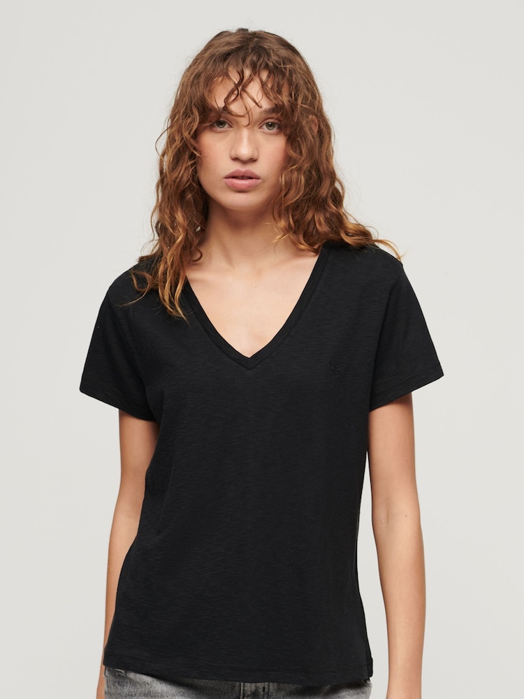 Superdry Black Slub Embroidered Relaxed V-Neck T-Shirt - Image 8 of 15