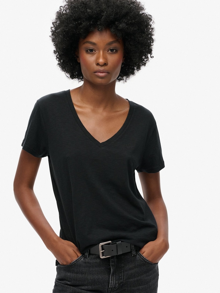 Superdry Black Slub Embroidered Relaxed V-Neck T-Shirt - Image 9 of 15