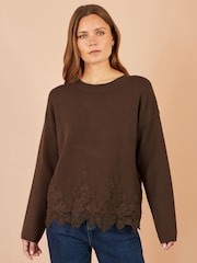 Yumi Brown Relaxed Jumper With Lace Trim - Image 1 of 5