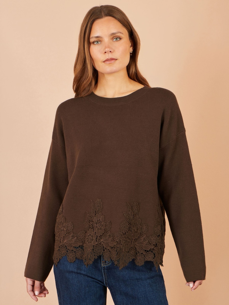 Yumi Brown Relaxed Jumper With Lace Trim - Image 1 of 5
