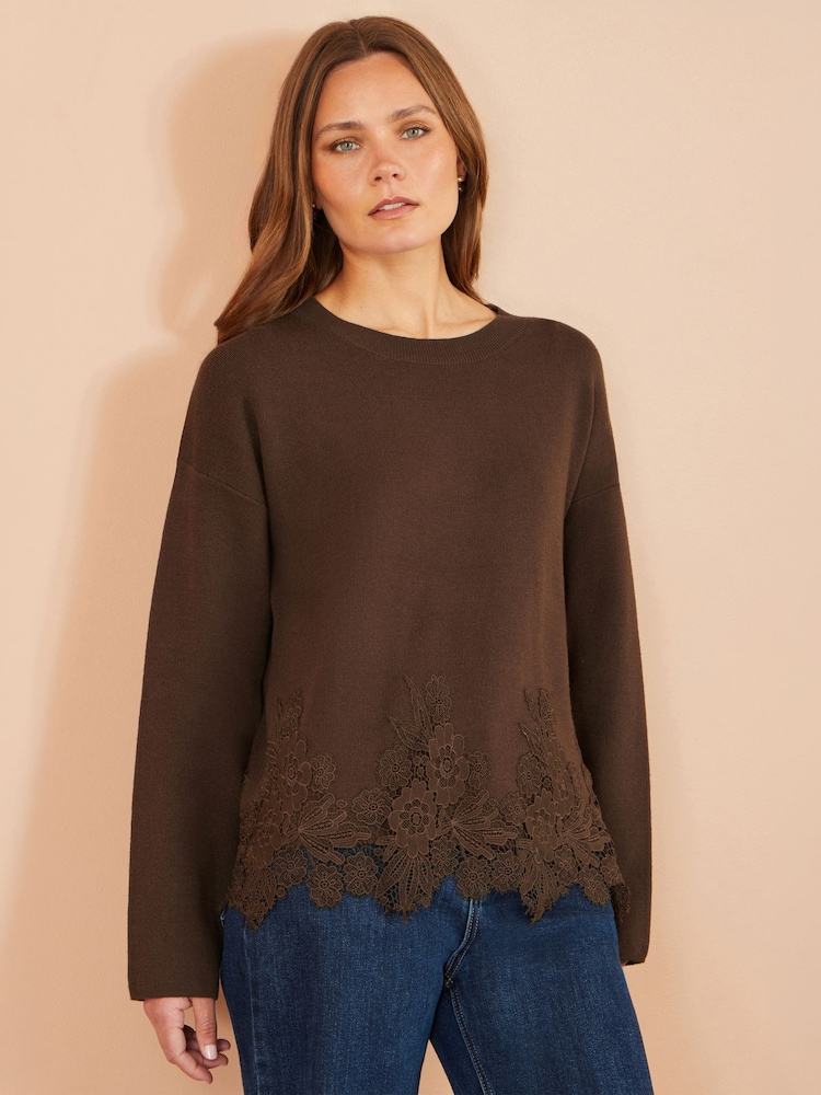 Yumi Brown Relaxed Jumper With Lace Trim - Image 2 of 5