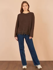 Yumi Brown Relaxed Jumper With Lace Trim - Image 3 of 5