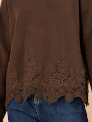 Yumi Brown Relaxed Jumper With Lace Trim - Image 4 of 5