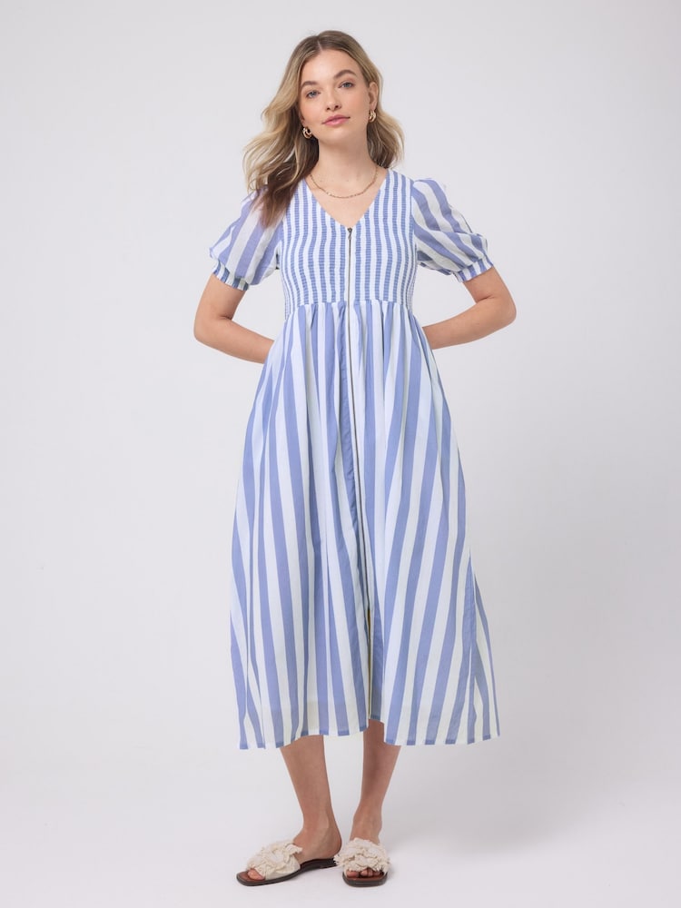 SCAMP & DUDE Blue Stripe Shirred Zip Front Midi Dress - Image 1 of 5