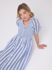 SCAMP & DUDE Blue Stripe Shirred Zip Front Midi Dress - Image 4 of 5