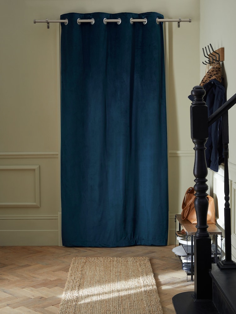 Navy Blue Matte Velvet Door Eyelet Curtains - Image 2 of 6