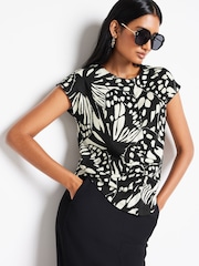 Mono Abstract Butterfly Short Sleeve Ruched Front Textured T-Shirt - Image 1 of 6