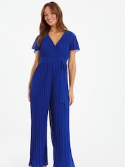 Quiz Blue Pleated Chiffon Jumpsuit with Belt Detail - Image 1 of 5