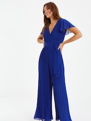 Quiz Blue Pleated Chiffon Jumpsuit with Belt Detail - Image 4 of 5