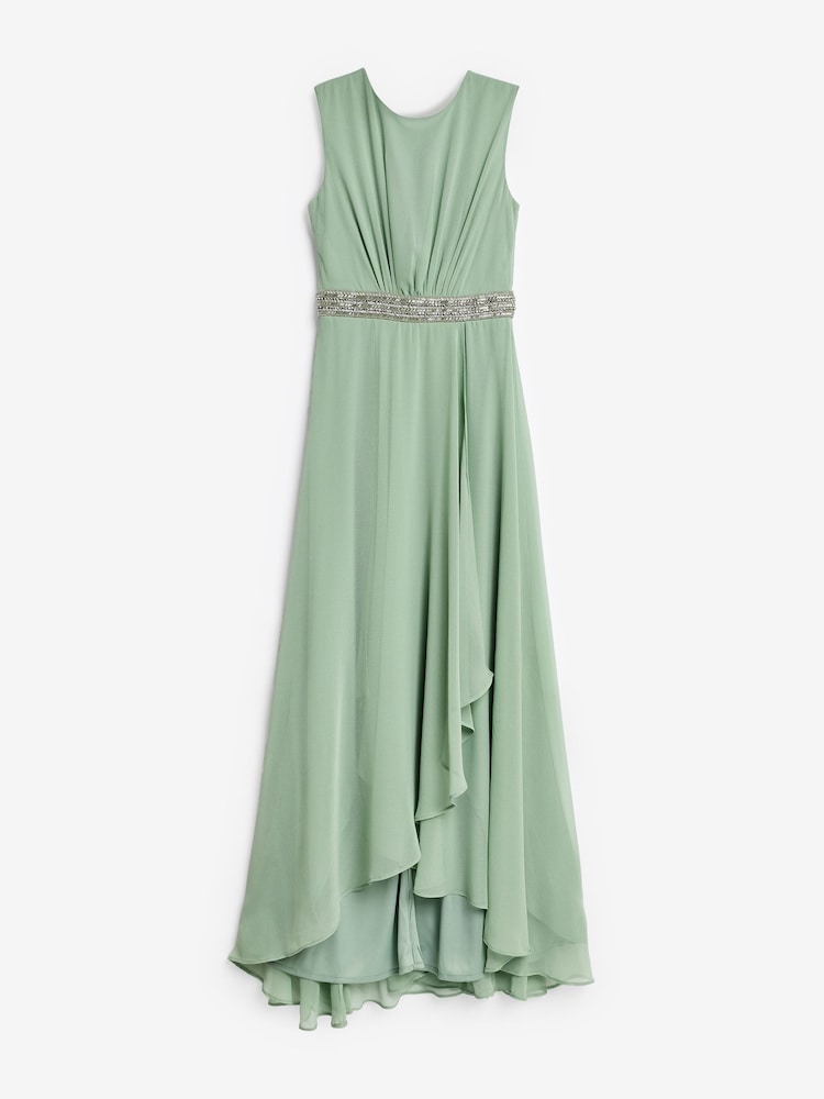 Quiz Sage Green Chiffon Maxi Bridesmaid Dress with Sequin Belt - Image 1 of 2