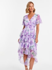 Quiz Purple Chiffon Floral Dip Hem Tiered Midaxi Dress - Image 1 of 5