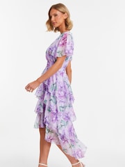 Quiz Purple Chiffon Floral Dip Hem Tiered Midaxi Dress - Image 4 of 5