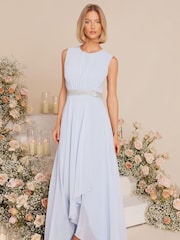 Quiz Light Blue Chiffon Maxi Bridesmaid Dress with Sequin Belt - Image 1 of 8