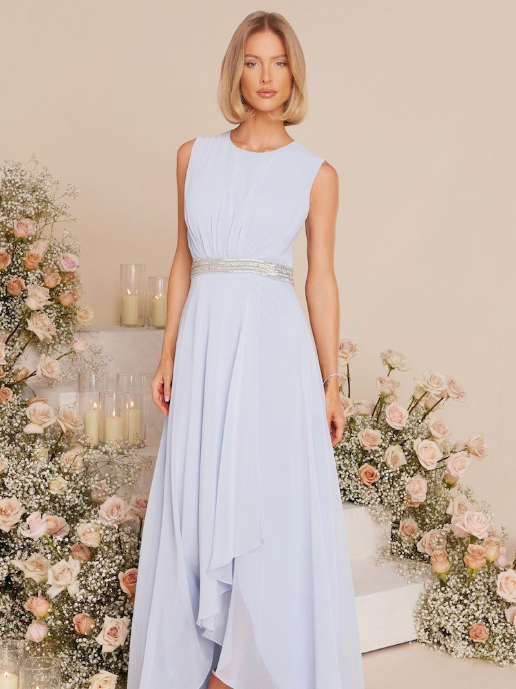 Quiz Light Blue Chiffon Maxi Bridesmaid Dress with Sequin Belt - Image 1 of 8