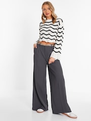 Quiz Grey Woven Wide Leg Trousers with Brown Chain Belt - Image 1 of 4