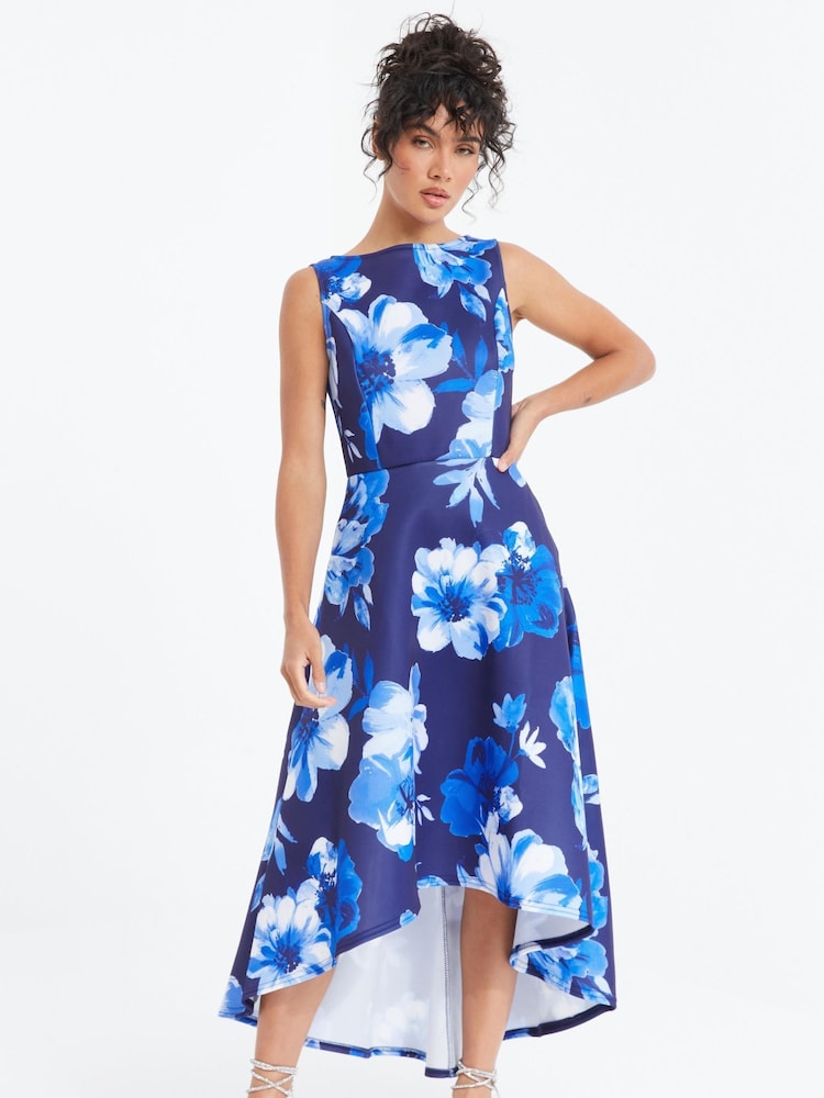 Quiz Blue Floral High Neck Dip Hem Dress - Image 1 of 5