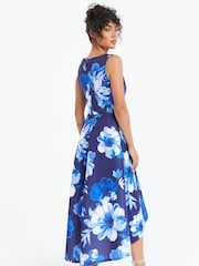 Quiz Blue Floral High Neck Dip Hem Dress - Image 3 of 5