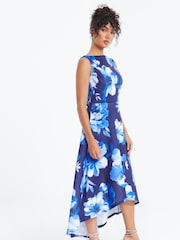 Quiz Blue Floral High Neck Dip Hem Dress - Image 4 of 5
