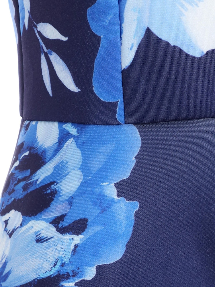 Quiz Blue Floral High Neck Dip Hem Dress - Image 5 of 5