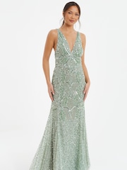 Quiz Green Sequin Strappy Maxi Dress - Image 1 of 4