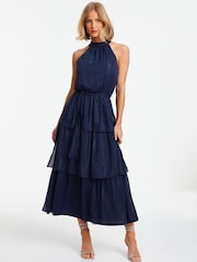 Quiz Blue Chiffon Tiered Halter Neck Midaxi Dress - Image 1 of 4