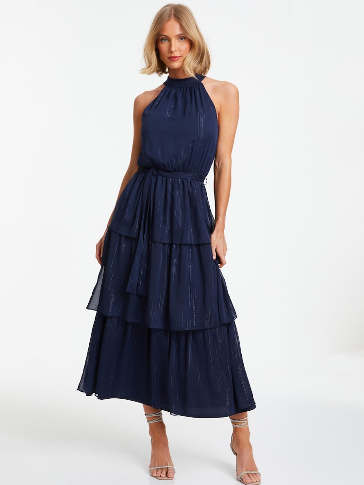 Quiz Blue Chiffon Tiered Halter Neck Midaxi Dress - Image 1 of 4