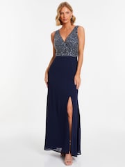 Quiz Blue Chiffon Maxi Dress with Sequin Bodice and Slit - Image 1 of 7