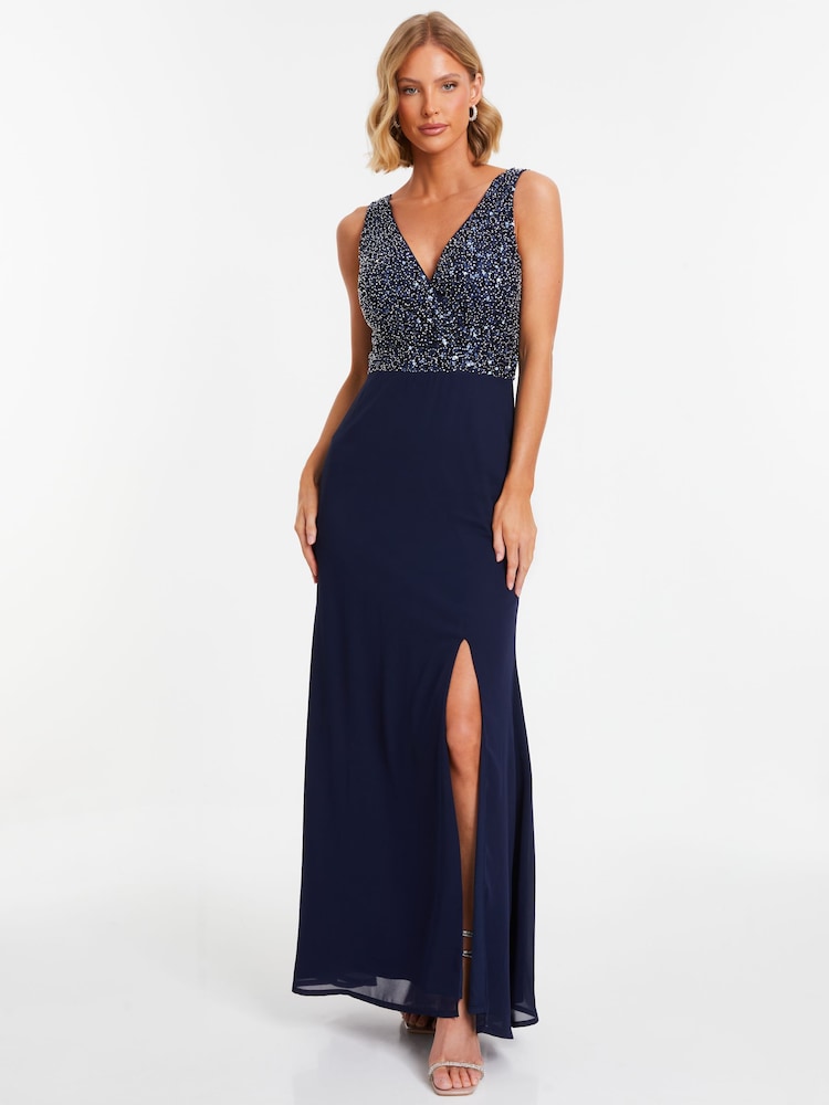 Quiz Blue Chiffon Maxi Dress with Sequin Bodice and Slit - Image 1 of 7