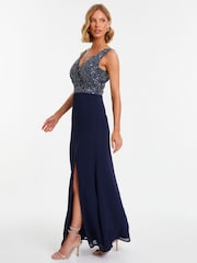 Quiz Blue Chiffon Maxi Dress with Sequin Bodice and Slit - Image 2 of 7