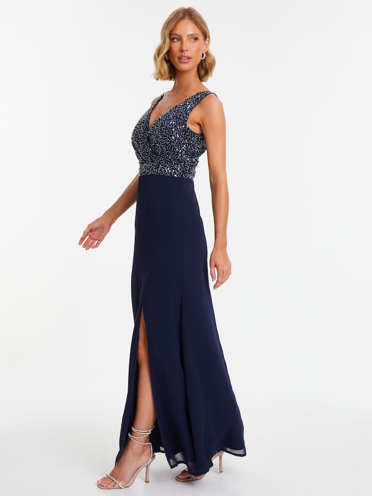 Quiz Blue Chiffon Maxi Dress with Sequin Bodice and Slit - Image 2 of 7