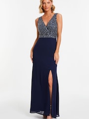 Quiz Blue Chiffon Maxi Dress with Sequin Bodice and Slit - Image 3 of 7