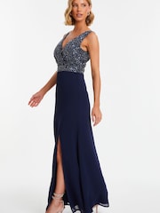 Quiz Blue Chiffon Maxi Dress with Sequin Bodice and Slit - Image 5 of 7