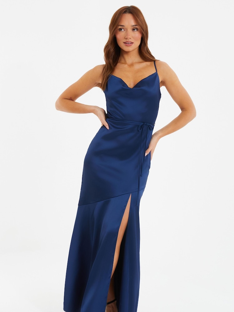 Quiz Blue Satin Bridesmaid Maxi Dress with Tie Waist and Slit - Image 3 of 6