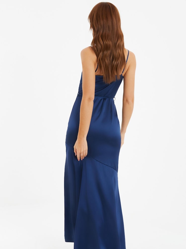Quiz Blue Satin Bridesmaid Maxi Dress with Tie Waist and Slit - Image 4 of 6