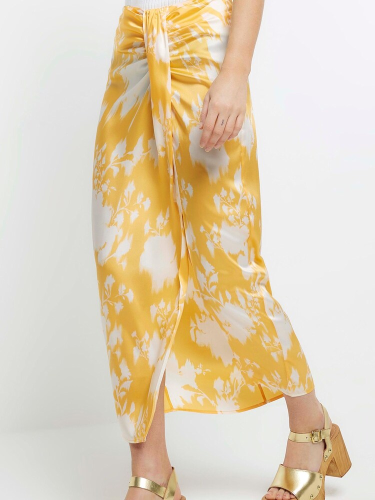 River Island Orange Floral Print Wrap Midi Skirt - Image 1 of 5