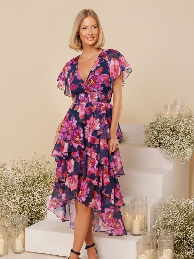 Quiz Pink Short Sleeve Tiered Midi Dress