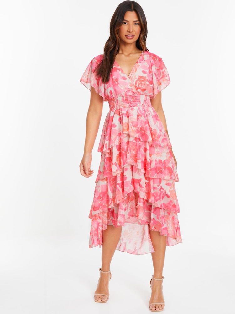 Quiz Pink Floral Print Chiffon Tiered Midi Dress With Angel Sleeve - Image 1 of 6
