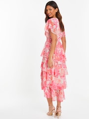 Quiz Pink Floral Print Chiffon Tiered Midi Dress With Angel Sleeve - Image 2 of 6