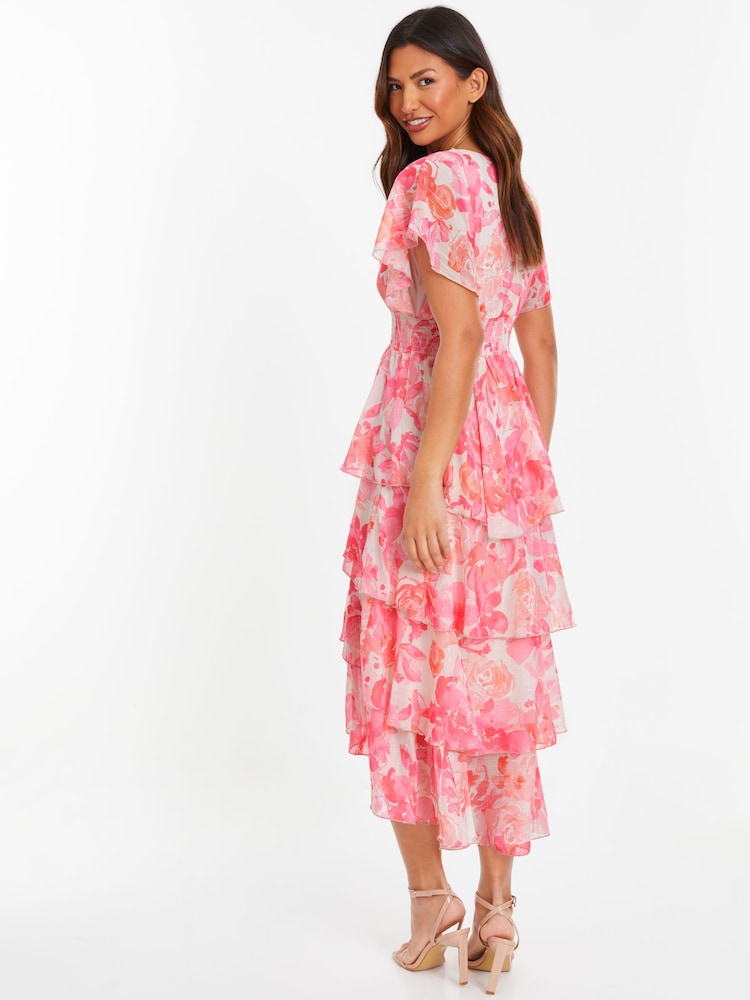 Quiz Pink Floral Print Chiffon Tiered Midi Dress With Angel Sleeve - Image 2 of 6