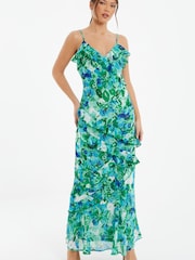 Quiz Blue Floral Chiffon Strappy Maxi Dress With Frill Detail - Image 1 of 4