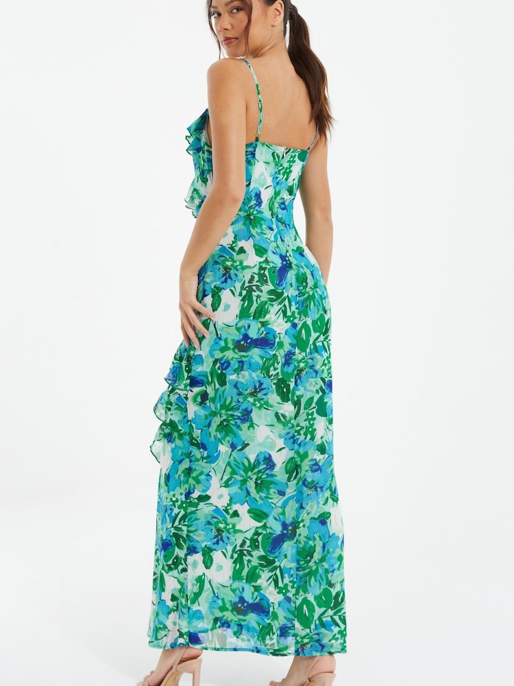 Quiz Blue Floral Chiffon Strappy Maxi Dress With Frill Detail - Image 2 of 4
